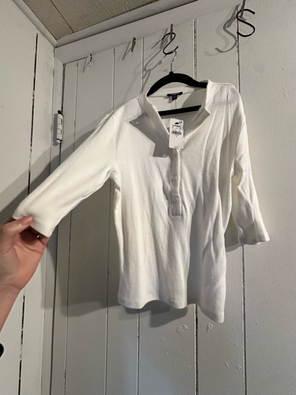 EXPRESS NWT White Ribbed Henley Top - Button Placket